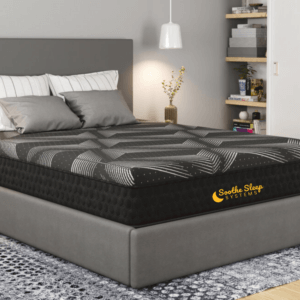 Soothe Mattress™ 11″ Natural Hybrid Mattress on a bed frame